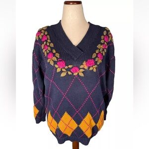 Vintage Princeton Club Embroidered Flowers Argyle Knit Cotton V Neck Sweater